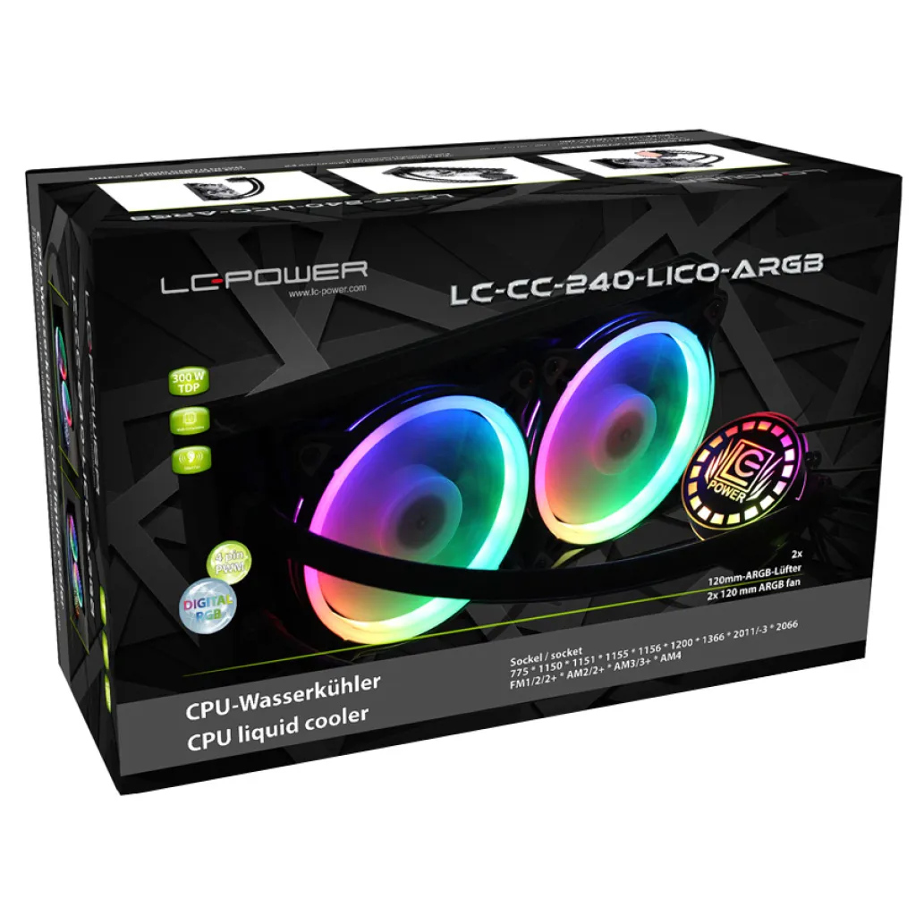 Hladilnik Intel/AMD tekočinsko hlajenje LC Power Cosmo Cool LC-CC-240-LICO-ARGB hladilnik za procesor Hladilnik Intel/AMD tekočinsko hlajenje LC Power Cosmo Cool LC-CC-240-LICO-ARGB hladilnik za procesor