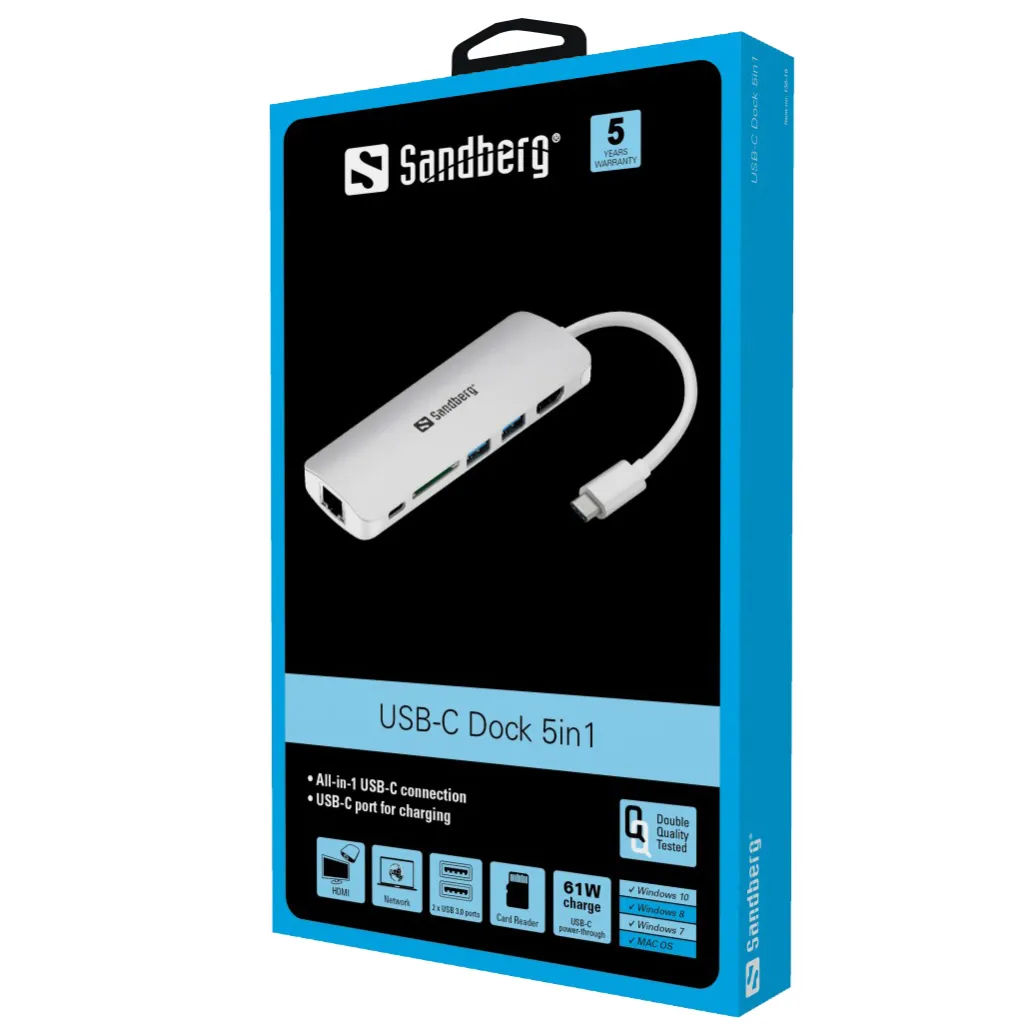 HUB USB-C => 2xUSB3.0 USB-C(PD 61W) HDMI čitalec kartic SD RJ45 Sandberg (136-18) HUB USB-C => 2xUSB3.0 USB-C(PD 61W) HDMI čitalec kartic SD RJ45 Sandberg (136-18)