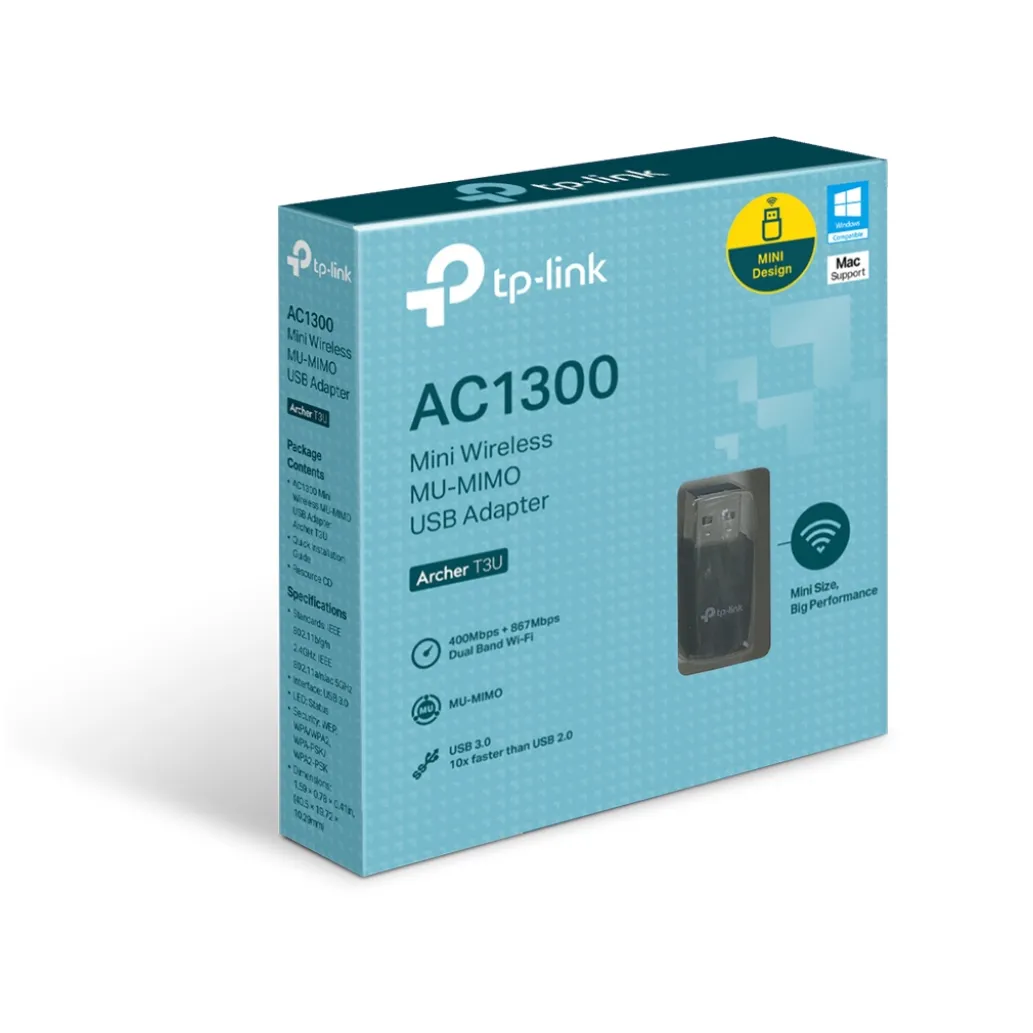 Brezžični mrežni adapter USB 3.0 TP-Link WiFi5 802.11ac AC1300 867Mbit/s Dualband MU-MIMO Nano (Archer T3U) Brezžični mrežni adapter USB 3.0 TP-Link WiFi5 802.11ac AC1300 867Mbit/s Dualband MU-MIMO Nano (Archer T3U)