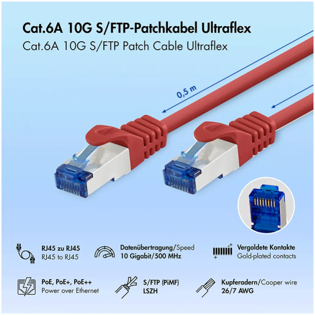 KABEL PATCH SFTP Cat 6A 0,50m RJ45 10Gbit LogiLink Ultraflex rdeč (C6A024S) KABEL PATCH SFTP Cat 6A 0,50m RJ45 10Gbit LogiLink Ultraflex rdeč (C6A024S)