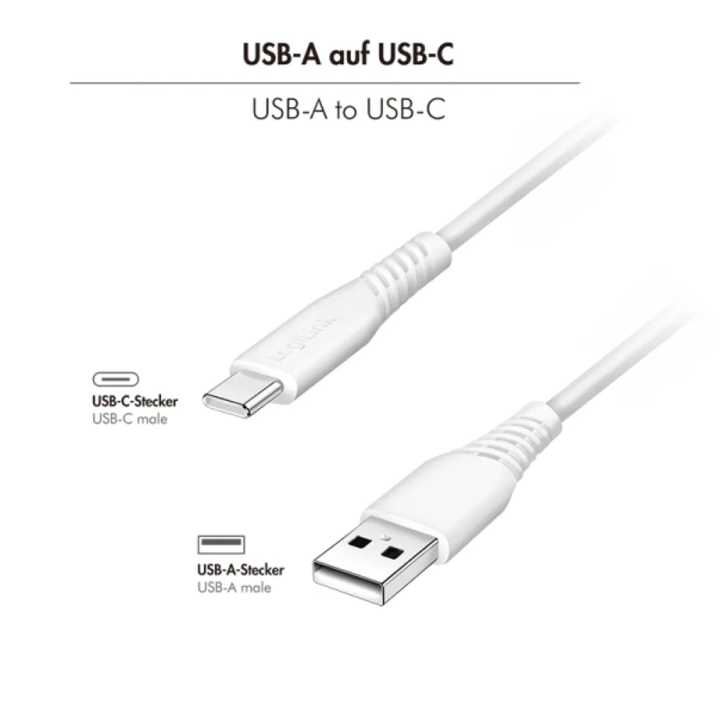 Kabel USB-C (m) => USB-A (m) 2.0 0,50m 15W 3A/5V 480Mbps bel LogiLink (CU0251) Kabel USB-C (m) => USB-A (m) 2.0 0,50m 15W 3A/5V 480Mbps bel LogiLink (CU0251)