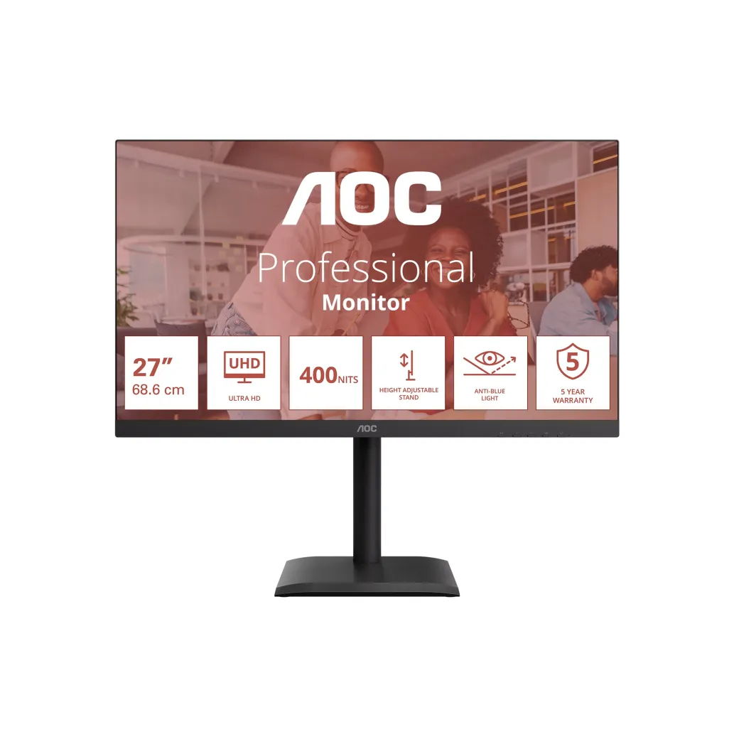 Monitor AOC 68,6 cm (27,0") U27E4CV 3840x2160 IPS 4ms 2xHDMI DisplayPort USB-C 90W 4xUSB3.2 Pivot Zvočniki 3H sRGB125% AdaptiveSync RJ45 HDR Essential-Line Monitor AOC 68,6 cm (27,0") U27E4CV 3840x2160 IPS 4ms 2xHDMI DisplayPort USB-C 90W 4xUSB3.2 Pivot Zvočniki 3H sRGB125% AdaptiveSync RJ45 HDR Essential-Line