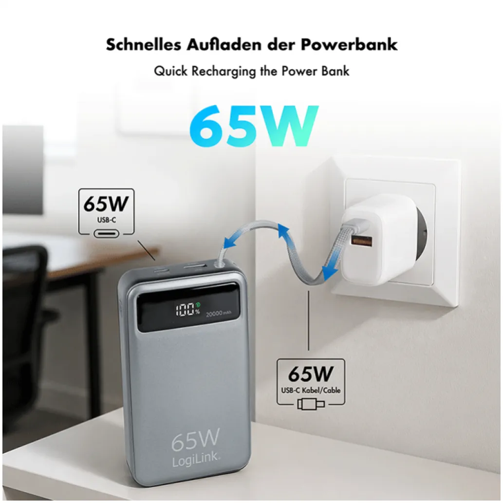 Prenosna baterija Logilink 20000mAh 65W PD USB-A USB-C vgrajen kabel USB-C LED zaslon srebrna (PA0421) Prenosna baterija Logilink 20000mAh 65W PD USB-A USB-C vgrajen kabel USB-C LED zaslon srebrna (PA0421)