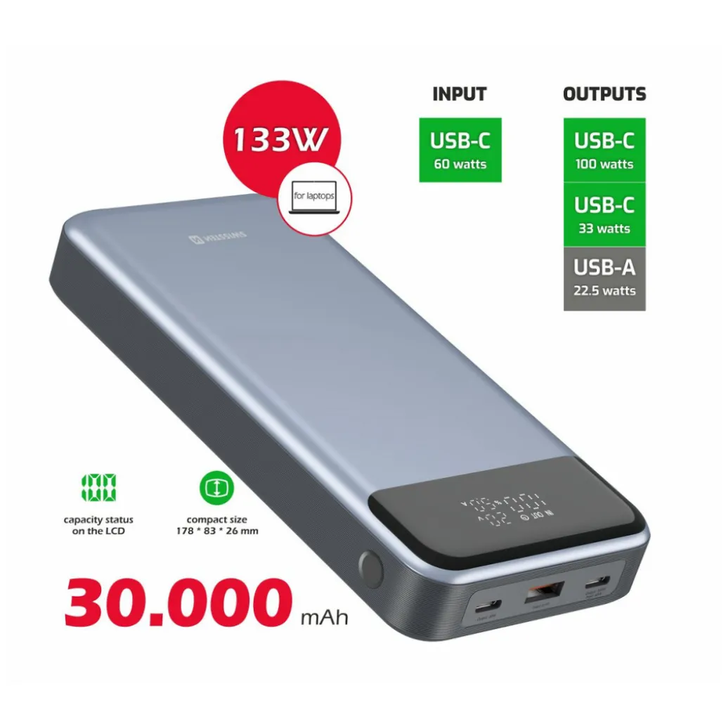 Prenosna baterija Swissten 30000mAH 133W PD 2xUSB-C USB-A (22013917) Prenosna baterija Swissten 30000mAH 133W PD 2xUSB-C USB-A (22013917)
