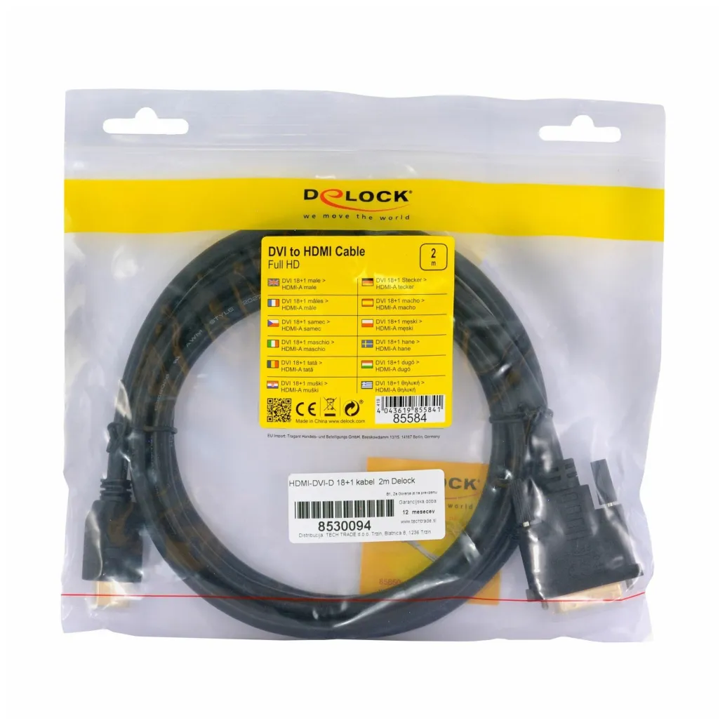 Kabel HDMI(m)=>DVI Digital (18+1) 2,00m Delock 85584 Kabel HDMI(m)=>DVI Digital (18+1) 2,00m Delock 85584