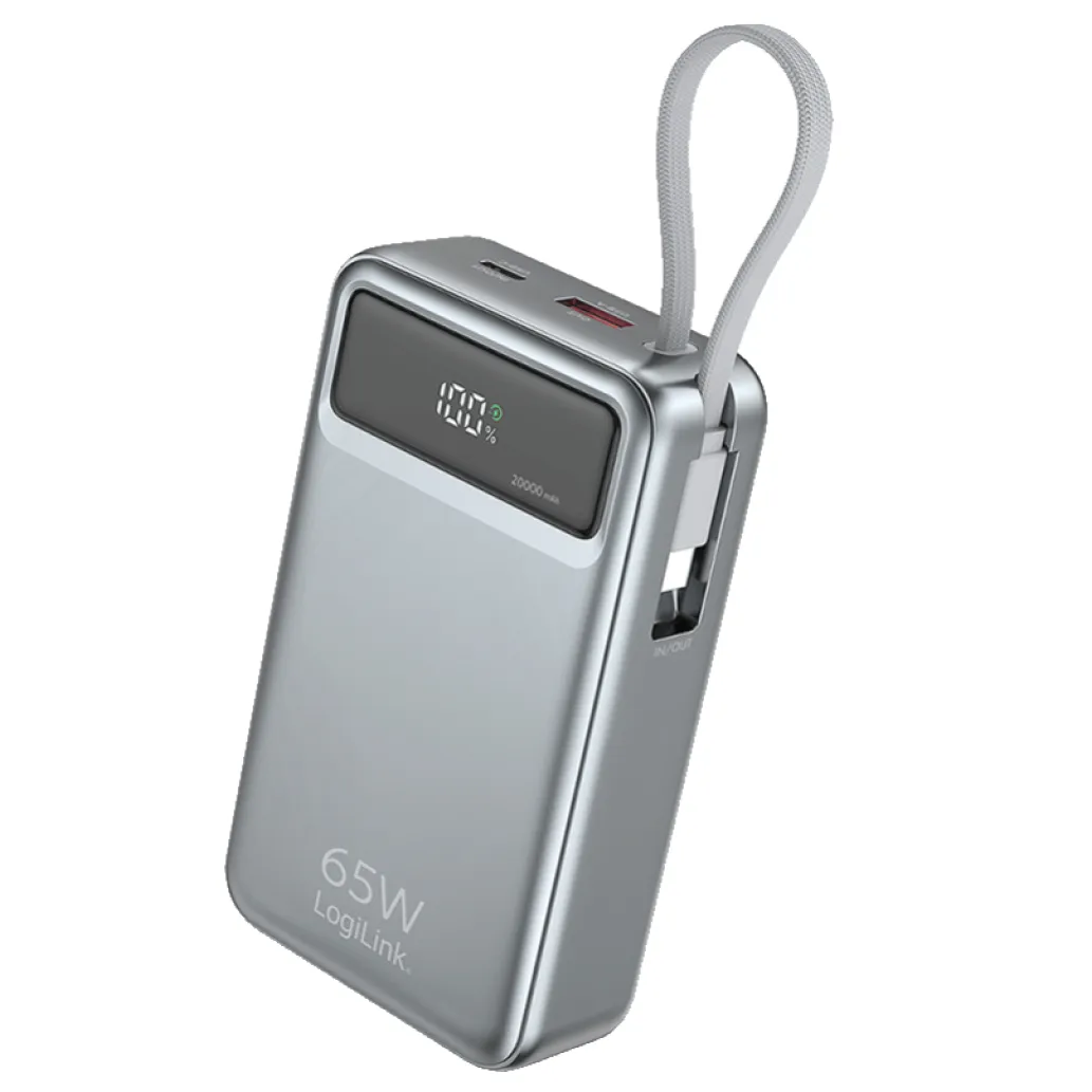 Prenosna baterija Logilink 20000mAh 65W PD USB-A USB-C vgrajen kabel USB-C LED zaslon srebrna (PA0421) Prenosna baterija Logilink 20000mAh 65W PD USB-A USB-C vgrajen kabel USB-C LED zaslon srebrna (PA0421)