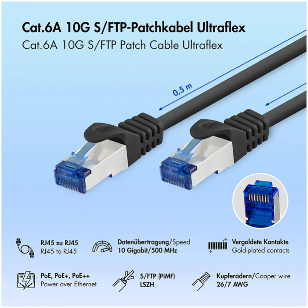 KABEL PATCH SFTP Cat 6A 0,50m RJ45 10Gbit LogiLink Ultraflex črn (C6A023S) KABEL PATCH SFTP Cat 6A 0,50m RJ45 10Gbit LogiLink Ultraflex črn (C6A023S)