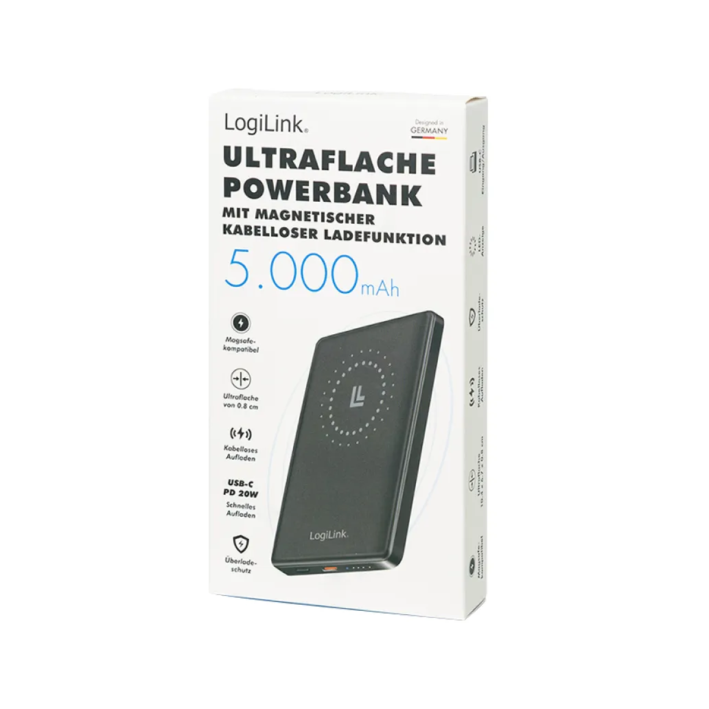 Prenosna baterija Logilink 5000mAh 15W USB-C brezžično magnetno polnjenje črna (PA0352) Prenosna baterija Logilink 5000mAh 15W USB-C brezžično magnetno polnjenje črna (PA0352)