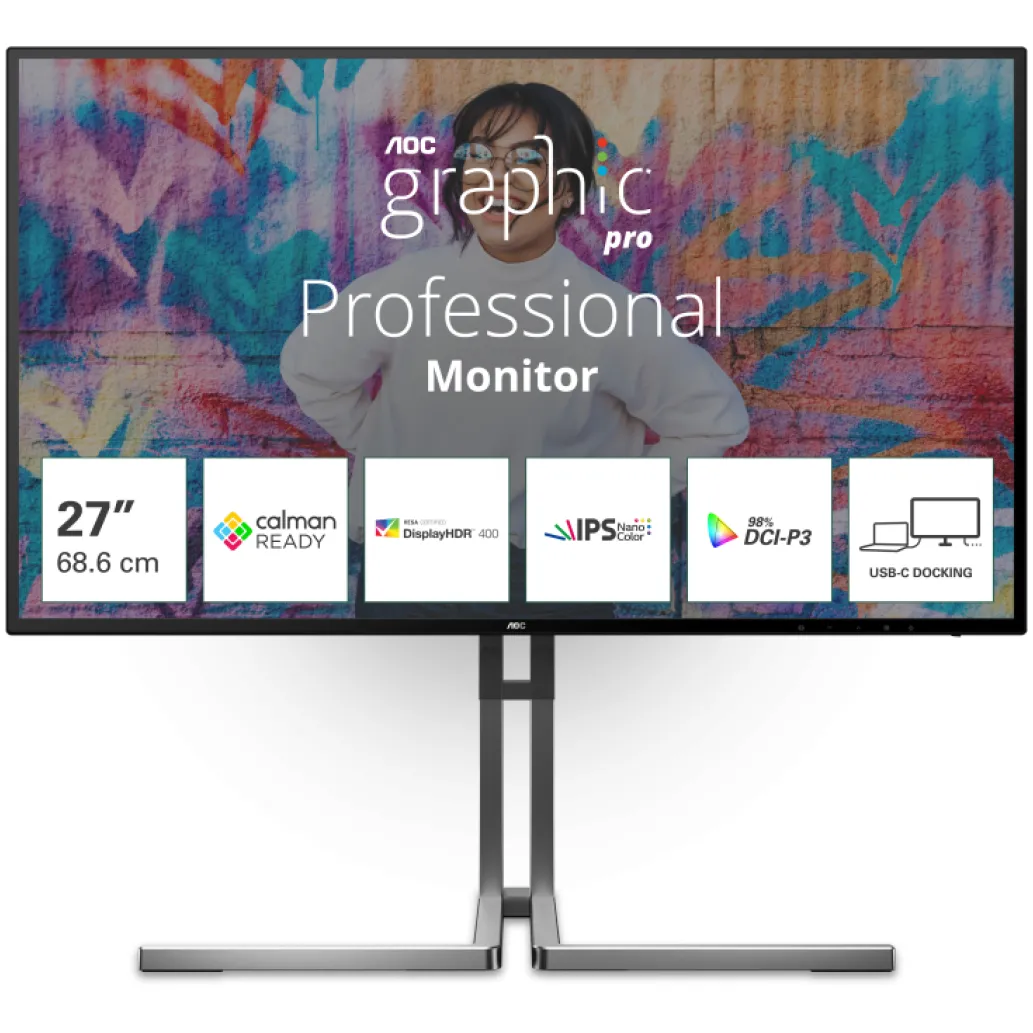 Monitor AOC 68,6 cm (27,0") U27U3CV 3840x2160 Nano-IPS 4ms 2xHDMI DisplayPort USB-C 96W 4xUSB3.2 USB-C-Out Pivot Zvočniki 2x3W DCI-P3-98% RJ45 KVM HDR400 Monitor AOC 68,6 cm (27,0") U27U3CV 3840x2160 Nano-IPS 4ms 2xHDMI DisplayPort USB-C 96W 4xUSB3.2 USB-C-Out Pivot Zvočniki 2x3W DCI-P3-98% RJ45 KVM HDR400