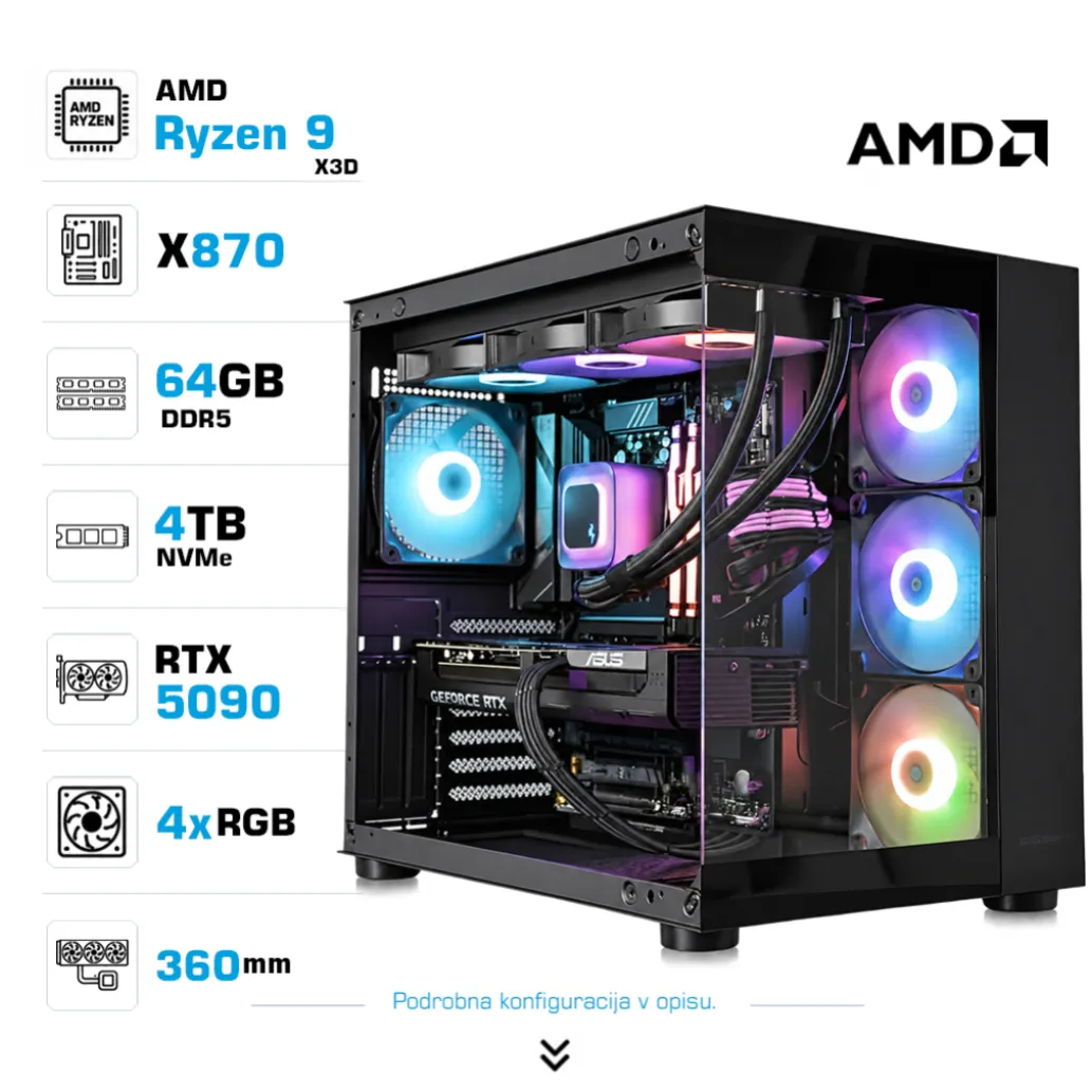 Računalnik MEGA MT S5 R9-9950X3D/RTX5090/64GB-DDR5/4TB-4.0/1050W/Brez OS/črna RGB Računalnik MEGA MT S5 R9-9950X3D/RTX5090/64GB-DDR5/4TB-4.0/1050W/Brez OS/črna RGB