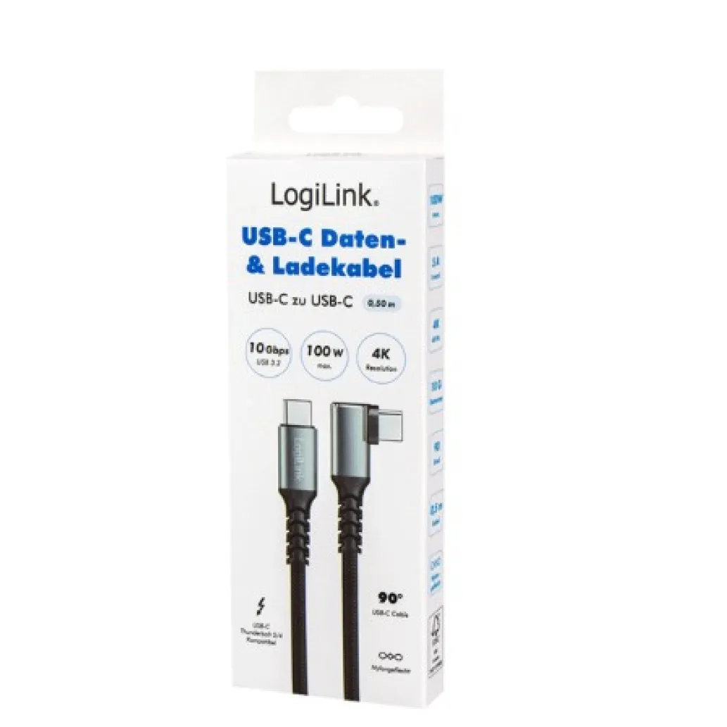 Kabel USB-C (m) => USB-C (m) 3.2 0,50m 100W 5A/20V 10 Gbps 90 kotni pletenj ovoj črn LogiLink (CU0270) Kabel USB-C (m) => USB-C (m) 3.2 0,50m 100W 5A/20V 10 Gbps 90 kotni pletenj ovoj črn LogiLink (CU0270)