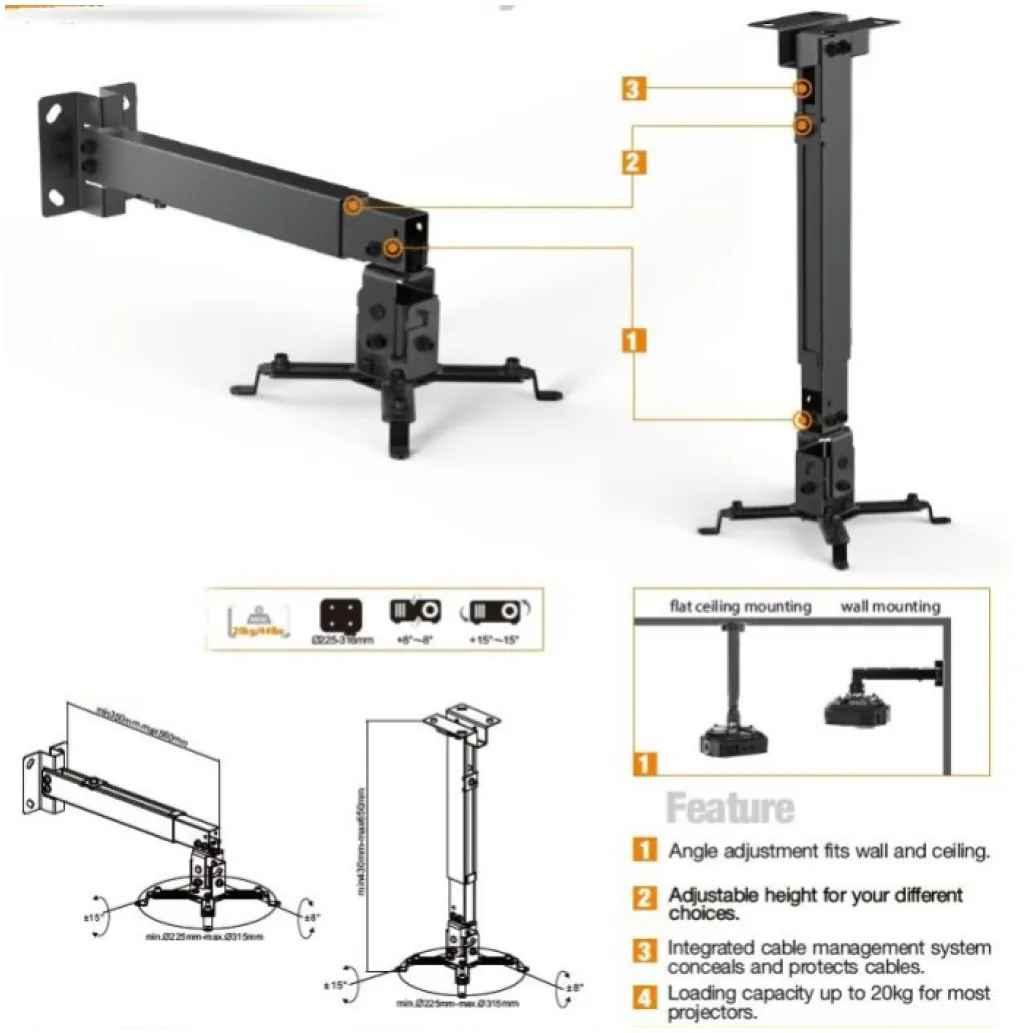 Nosilec stenski za projektor Equip, 20kg, 43-65 cm, naklon ±15 - črn Nosilec stenski za projektor Equip, 20kg, 43-65 cm, naklon ±15 - črn