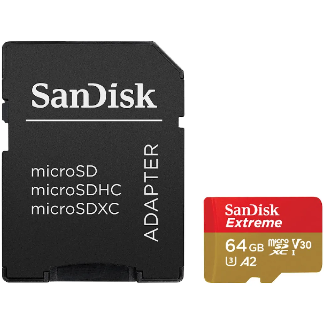 Spominska kartica SDXC-Micro 64GB Sandisk Etreme 160MB/s 60MB/s U3 V30 UHS-I (SDSQXA2-064G-GN6MA) +adapter Spominska kartica SDXC-Micro 64GB Sandisk Etreme 160MB/s 60MB/s U3 V30 UHS-I (SDSQXA2-064G-GN6MA) +adapter