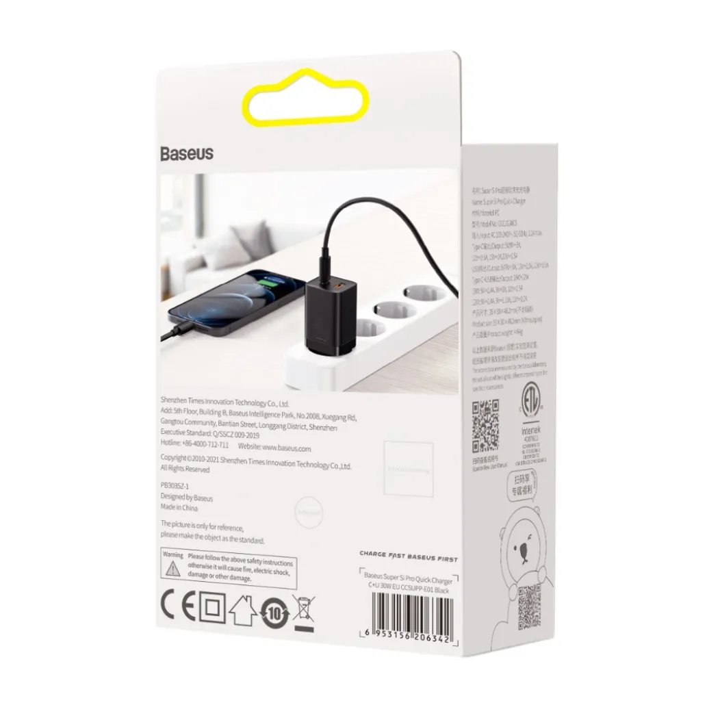 Hišni polnilec 100-240V => 1x USB-A (ž) 1x USB-C 30W za mobilni telefon ali tablični računalnik Baseus Super Si Pro PD3 + QC3 - črn (CCSUPP-E01) Hišni polnilec 100-240V => 1x USB-A (ž) 1x USB-C 30W za mobilni telefon ali tablični računalnik Baseus Super Si Pro PD3 + QC3 - črn (CCSUPP-E01)