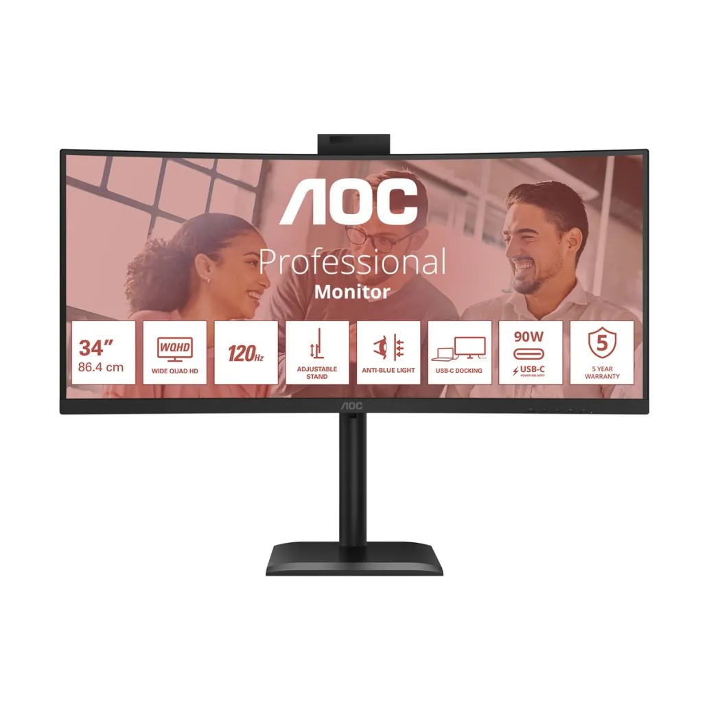 Monitor AOC 86,4 cm (34,0") CU34E4CW 3440x1440 Curved konferenca 120Hz VA 4ms HDMI 2xHDMI DisplayPort 2xUSB-C 90W 4xUSB3.2 HAS Kamera Zvočniki 2x5W 3H sRGB120,6% AdaptiveSync KVM HDR10 Monitor AOC 86,4 cm (34,0") CU34E4CW 3440x1440 Curved konferenca 120Hz VA 4ms HDMI 2xHDMI DisplayPort 2xUSB-C 90W 4xUSB3.2 HAS Kamera Zvočniki 2x5W 3H sRGB120,6% AdaptiveSync KVM HDR10