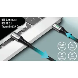 Kabel USB-C (m) => USB-C (m) 3.2 Gen2x2 najlon ovoj 2,0m 240W 5A/48V 20Mbps 4K LED črn LogiLink  (CU0444)