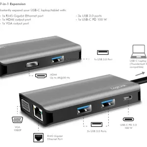 Priklopna postaja USB-C =>  3xUSB 3.0 tip A 1xUSB-C PD 100W 1xHDMI 1xVGA 1xRJ45 srebrn LogiLink (UA0410)