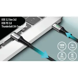 Kabel USB-C (m) => USB-C (m) 3.2 Gen2x2 najlon ovoj 2,0m 100W 5A/20V 20Mbps 4K LED črn LogiLink (CU0434)