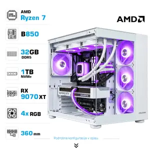 Računalnik MEGA MT S5 R7-7700X/RX9070 XT/32GB-DDR5/1TB/750W/Brez OS/bela RGB + Estetski napajalni kabli [Vijolična / Bela]