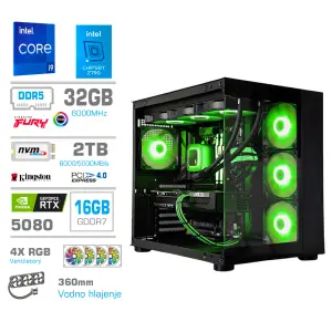 Računalnik MEGA MT S5 i9-14900KF/RTX5080/32GB-DDR5/2TB/1050W/Brez OS/črna RGB + Estetski napajalni kabli [Zelena / Črna]