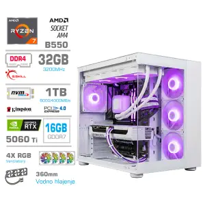 Računalnik MEGA MT S5 R7-5700X/RTX5060Ti-16GB/32GB/1TB/750W/Brez OS/bela RGB + Estetski napajalni kabli [Vijolična / Bela]