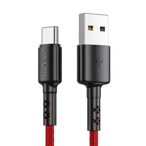 Kabel USB-C => USB-A 2.0 tekstil ovoj 1,20m 3A Vipfan X02 – rdeč (X02TC)