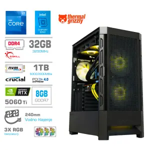Računalnik MEGA MT S8 i7-12700K/RTX5060Ti/32GB/1TB/750W/Brez OS/črna RGB + Estetski napajalni kabli [Rumena / Črna]